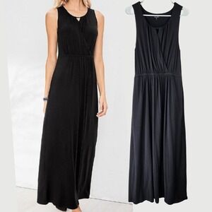 Garnet Hill Sleeveless Long Maxi Dress M Black Stretchy Jersey Knit Minimalist